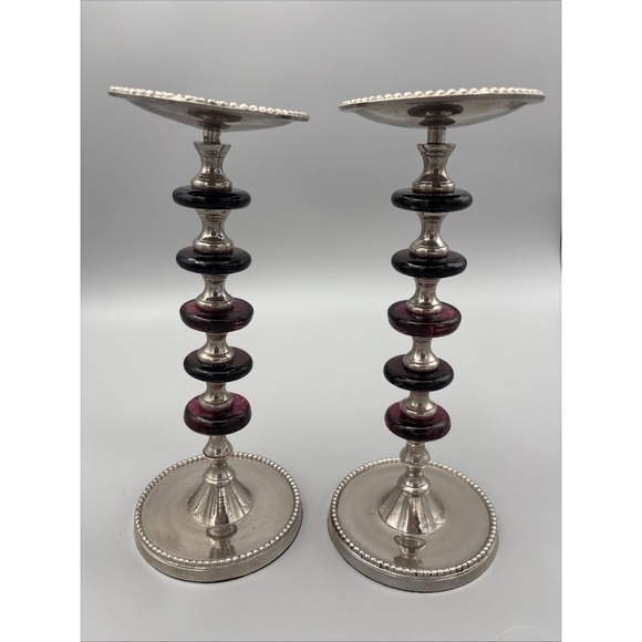 Other - Pillar Candle Holder Set of 2 Made In India Metal‎ Glass Beaded Design Vintage